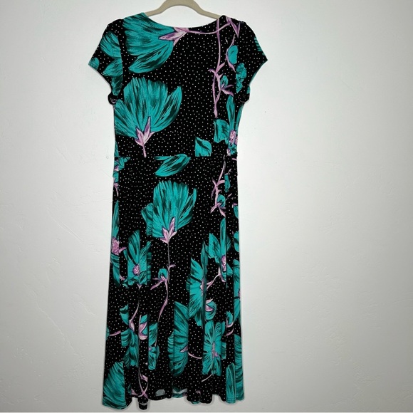 Joseph Ribkoff Black Dress Teal Floral Design Polka Dot Stretch Jersey Size 10 - Picture 2 of 12